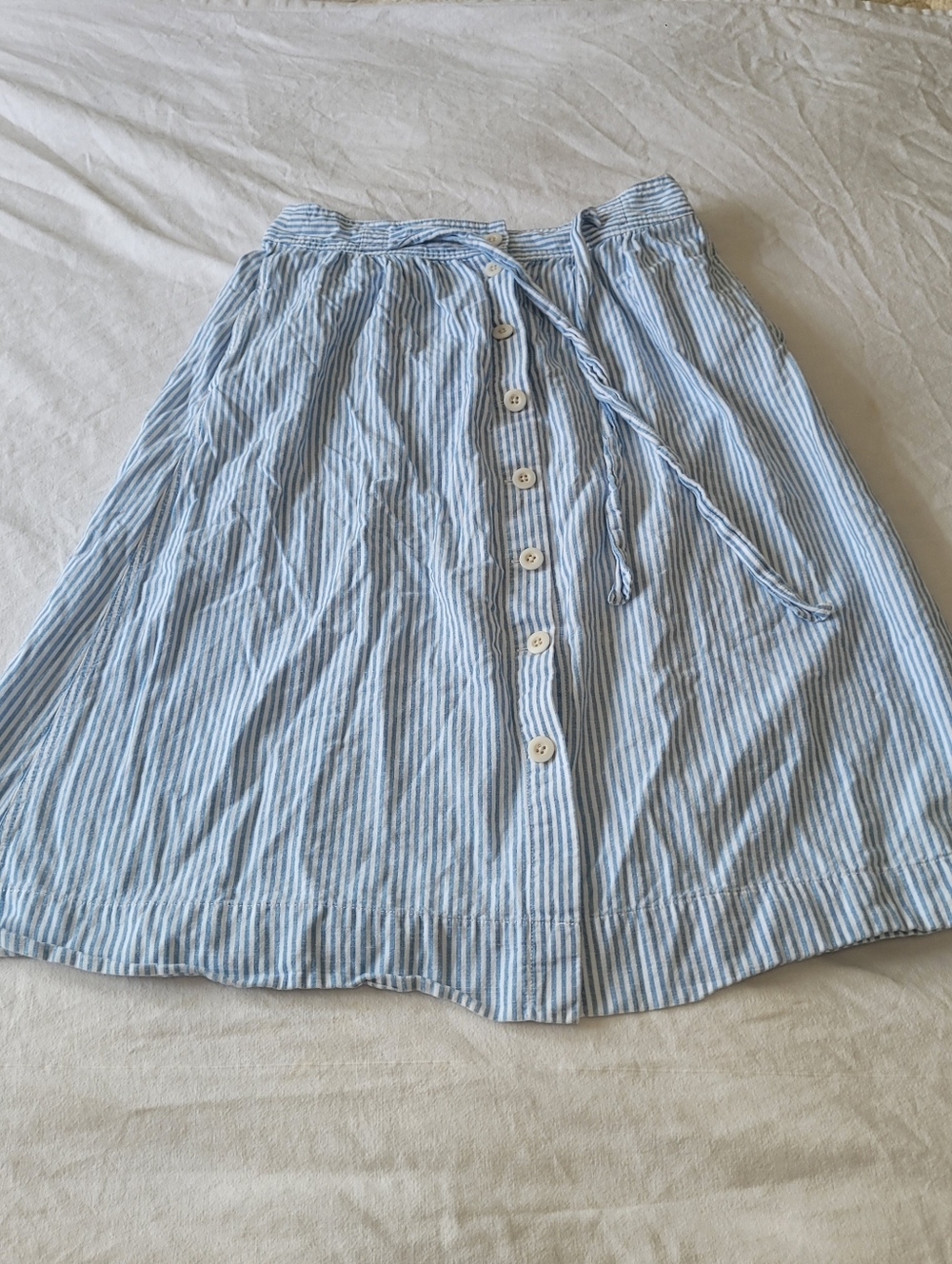 Madewell Linen Cotton Twill Button Tie A-Line Midi Skirt Size 8 Striped Coastal